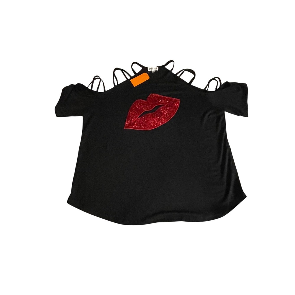 Pesion XXL Black Cold Shoulder Top Red‎ Sequin Lips Graphic T-Shirt 2XL  NWT
